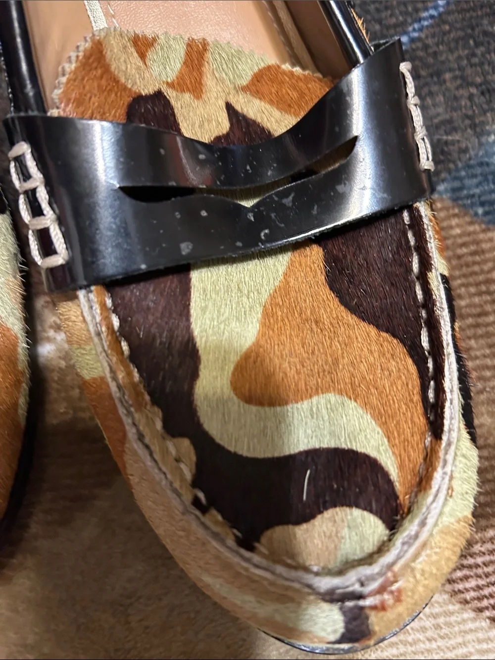 Women's Camouflage Pony Hair Penny Loafers with Black Trim